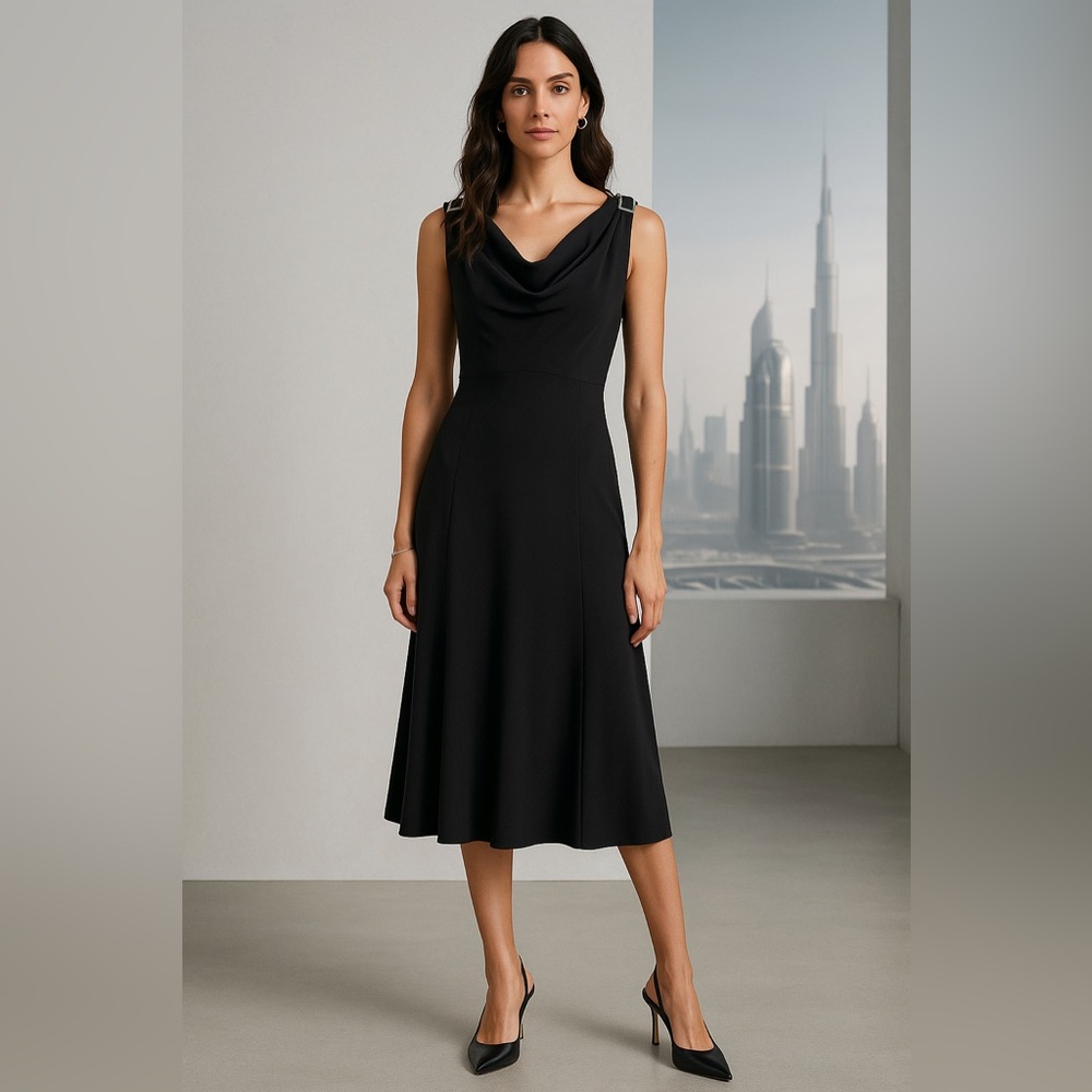 KAREN MILLEN Vintage Fabulous Black Fitted Dress/Buckles US 6 UK 10 EU